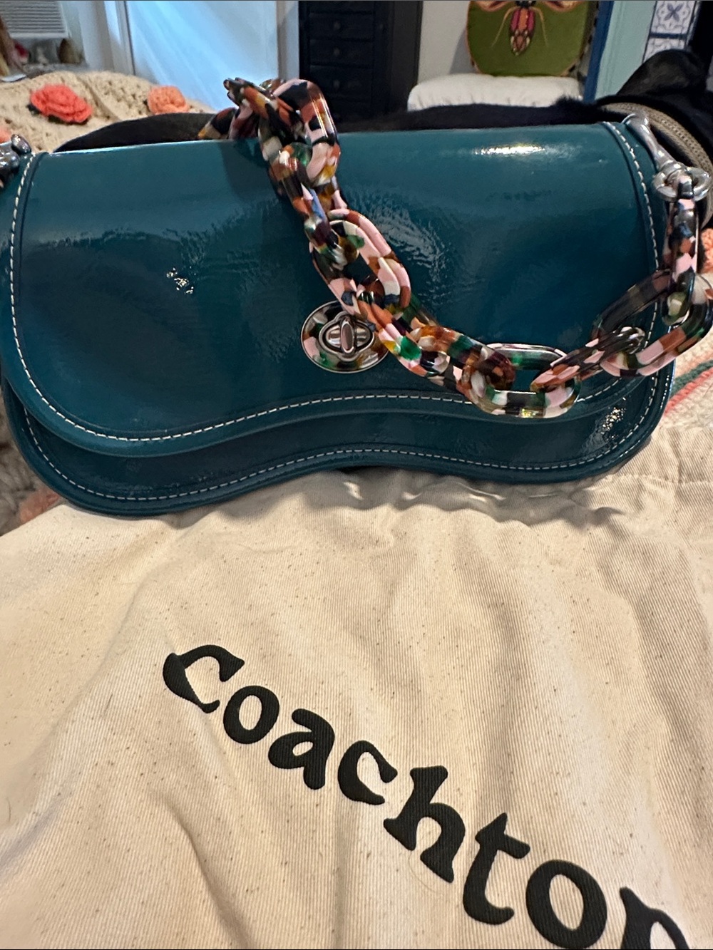 Coach Teal Patent Shoulder Bag with Multicolor Acrylic Chain